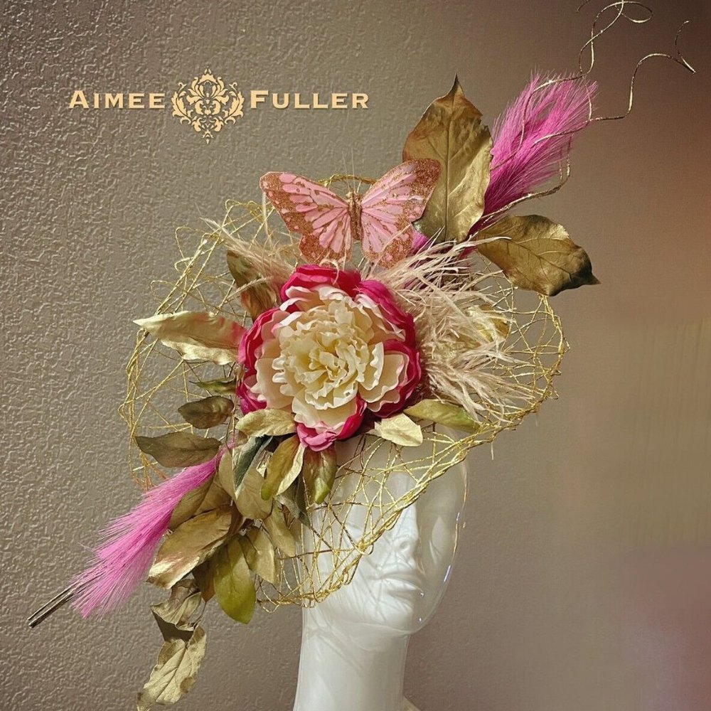 Aimee Fuller Kentucky Derby Hat Big Royal Ascot Fascinator Gold Pink White Hat